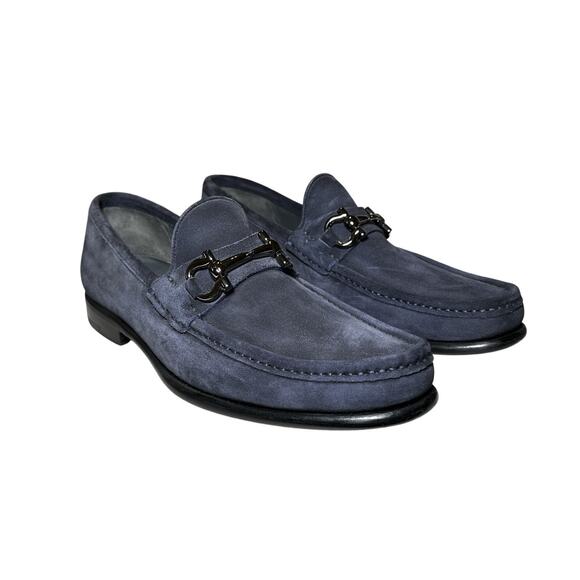 Salvatore Ferragamo Grandioso Blue Suede Gunmetal Gancini Bit Loafers Shoes 9 main image 5